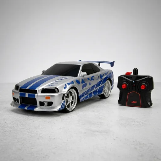 JadaToys Fast & Furious Brian's Nissan Skyline GT-R (Bnr34)- Ready to Run R/C Radio Control Toy Vehicle, 1: 16 Scale, Silver and Blue, (99370)