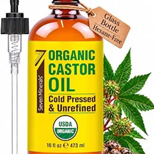 Seven Minerals USDA Organic Castor Oil - Big 16 oz Glass Bottle with Pump - 100% Pure Cold Pressed Unrefined Hexane Free - for Hair Growth, Eyelashes, Eyebrows,