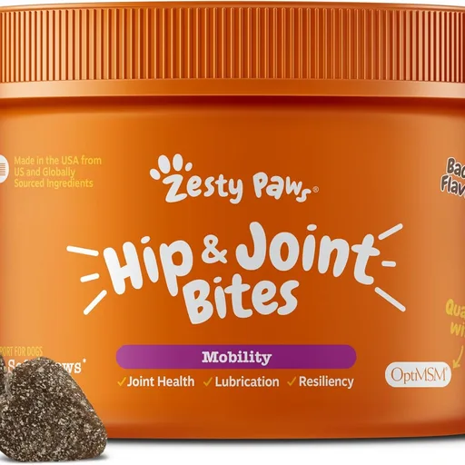 Zesty Paws Hip and Joint for Dogs, Glucosamine for Dogs Hip and Joint Supplement with Chondroitin, MSM, Vitamins C & E - Bacon, 50 Count
