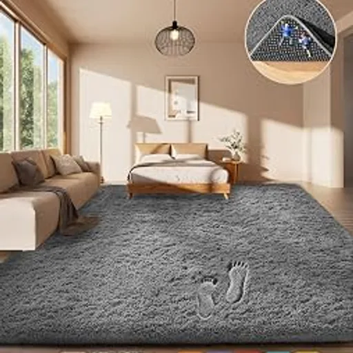Area Rugs for Living Room Bedroom, Washable Non-Slip Fluffy Soft Grey Shag Carpet, Indoor Floor Gray 4x6 Fuzzy Shaggy Living Room Plush Rug for Kids Home Dorm D