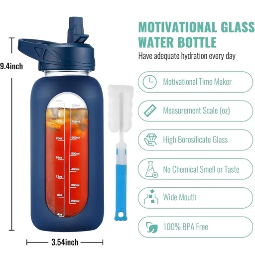 CIVAGO 32 oz Glass Water Bottle with Straw, Large Motivational Water Jug