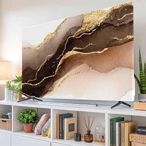 TV Cover for 65 inch Screen Modern Brown Gold Marble Texture Washable Stretch Fabric TV Cover, Abstract Stone Style Reusable Television Screen Covers for Sofa L
