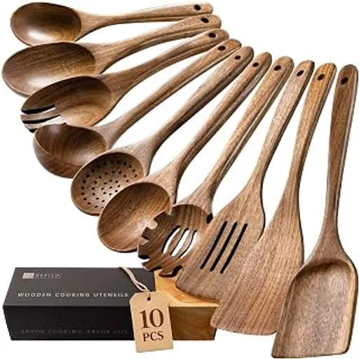 Wooden Spoons for Cooking, 10-Piece Acacia Wood Cooking Utensil Set | Spoons and spatulas stir, mix, flip and serve; balanced handles offer control while stayin