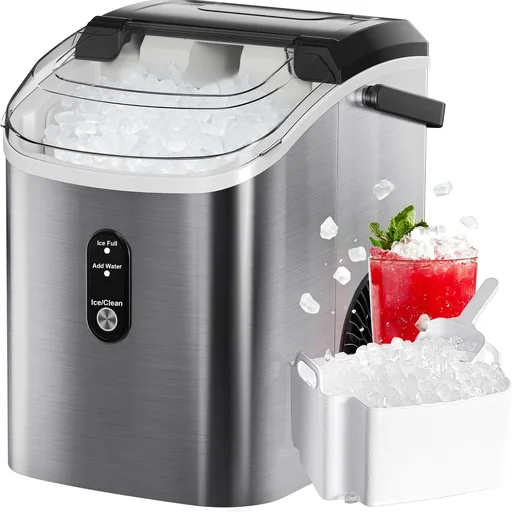 FREE VILLAGE Nugget Ice Maker Countertop, Pebble Ice Maker Machine with Soft Chewable Ice, 34lbs/24H, Self-Cleaning, One-Click Operation, Stainless Steel, Crushed Ice Maker for Home Kitchen Office
