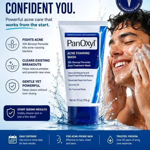 PanOxyl 10% Benzoyl Peroxide Acne Foaming Wash, Maximum Strength, Daily Acne-Fighting Face and Body Cleanser, Face Wash to Clear, Treat and Prevent Acne Pimples and Stubborn Breakouts, 5.5 Oz Tube