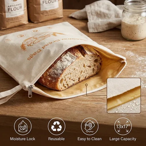 Lorine Beeswax Lining Bread Bags, Reusable Bread Bags for Homemade & Sourdough Bread, Large capacity 13 * 17'', Moisture Lock with Zip for Bread Freshness with Sealing (1 PC)
