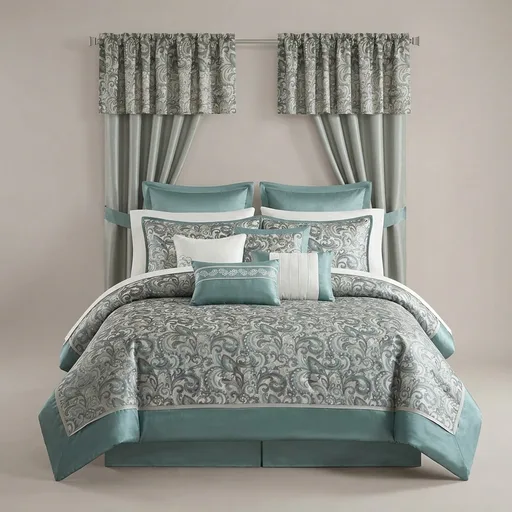 Madison Park 24 Piece Faux Silk Paisley Queen Comforter Set with Matching Curtains, Down Alternative Hypoallergenic - Teal, Queen (90 in x 90 in)