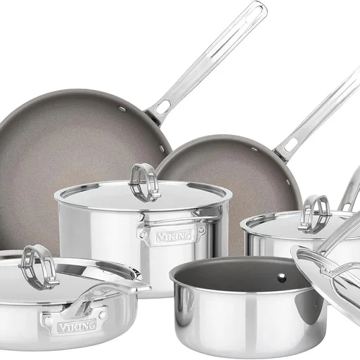 Viking PureGlide Pro 3-Ply Nonstick Cookware Set, Made without PFAS, 10-Piece Induction Pots and Pans Set, Metal Utensil Safe Titanium Nonstick Surface, Oven Safe to 600F