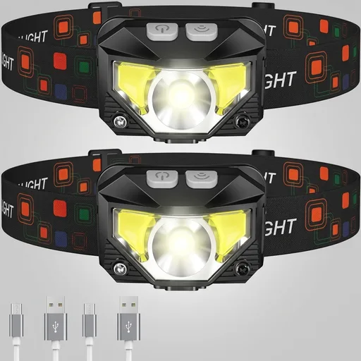 LHKNL Headlamp Flashlight, Lumen Bright Head Lamps LED Rechargeable Camping | Ultra-Light, with White Red Light, 2-Pack Waterproof Motion Sensor Headlight, 8 Mo