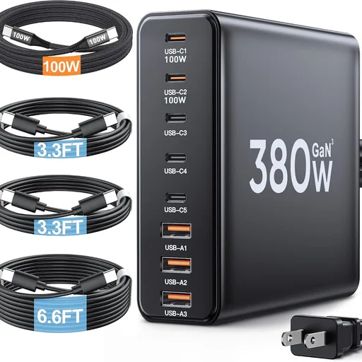 380W USB C Charger Block with 4 USB Cables Dual 100W Charging Station