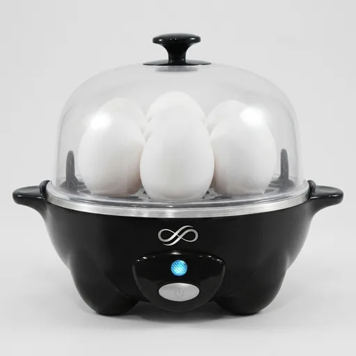 Elite Gourmet EGC-007B# Rapid Egg Cooker, 7 Easy-To-Peel, Hard, Medium, Soft Boiled Eggs, Poacher, Omelet Maker, Auto Shut-Off, Alarm, 16-Recipe Booklet, Black