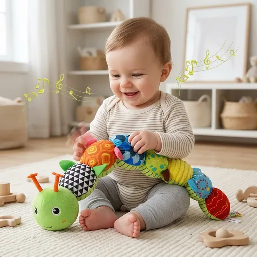 Awotoy Baby Toys 0 to 12 Months, Musical Stuffed Animal Activity Soft Toys with Multi-Sensory Crinkle, Rattle and Textures, Infant Tummy Time Toys for Newborn Boys Girls, Caterpillar, Green