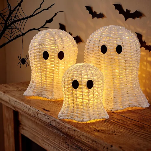 Geelin 3 Pcs Woven Ghost Decor with LED String Lights 3 Sizes Handmade Rattan Halloween Ghosts Warm White Lights for Fall Autumn Thanksgiving Table Mantel Party Home Office Decoration
