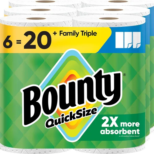 Bounty Paper Towels Quick Size, White, 6 Family Triple Rolls = 20+ Regular Rolls