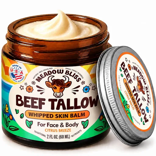 Beef Tallow for Skin - Moisturizer Cream - 100% Grass Fed - Whipped Beef Tallow - Organic Jojoba Oil - Organic Shea Butter - Supports Eczema, Rosacea+ - Made in