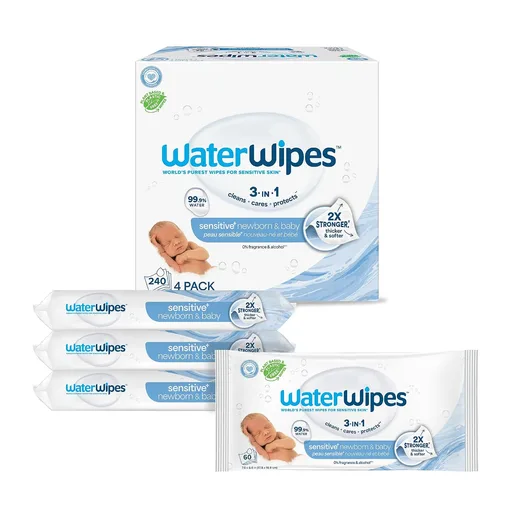 WaterWipes Sensitive+ Newborn & Baby Wipes, 3-In-1 Cleans, Cares, Protects, 99.9% Water, Unscented & Hypoallergenic, 240 Count (4 Packs)