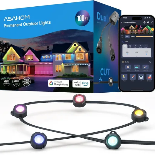 ASAHOM AI Permanent Outdoor Lights S107B, 100FT with 72 RGBCW LED Lights, 30,000 Lighting Effect, Controller with Dual Output, Extend to 800FT, Cuttable for House Outdoor Decor Daily Lighting, Black