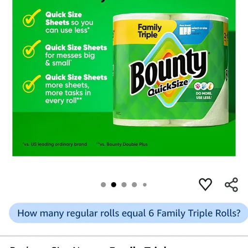 Bounty Paper Towels Quick Size, White, 6 Family Triple Rolls = 20+ Regular Rolls