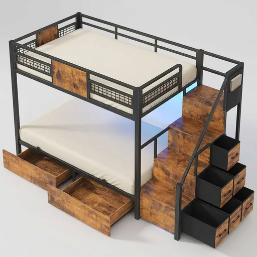 BTHFST Bunk Bed Twin Over Twin with Stairs, LED Lights Twin Bunk Bed with 2 Storage Drawers & 6 Fabric Drawers, Metal Twin Loft Beds with Guardrail & Stairs, Space Saving, Sturdy Frame