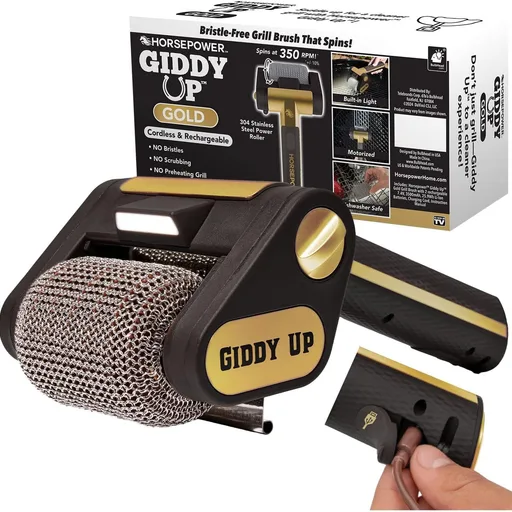 Horsepower Giddy Up GOLD Bristle-Free Spinning Grill Brush w/LED & Longer Run Time, Cordless/Rechargeable, 304 Stainless Steel Power Roller Blasts Away Burnt-On Food, No Bristles No Preheating 350 RPM