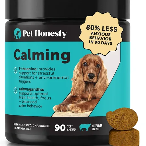 Natural Hemp Dog Calming Chews for Occasional Anxiousness & Stress - Calming Treats for Thunderstorms, Fireworks, Separation & Travel - with Ashwagandha, L-Theanine, Valerian Root (Beef Liver, 90 Ct)