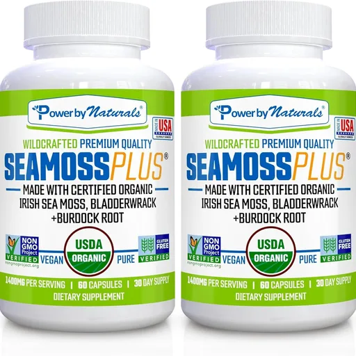 Power By Naturals Sea Moss Plus – USDA Organic Irish Sea Moss Capsules with Bladderwrack & Burdock Root – Immune Support – Vegan, Non-GMO, Gluten-Free – 120 Capsules, 2-Pack (2-Month Supply)