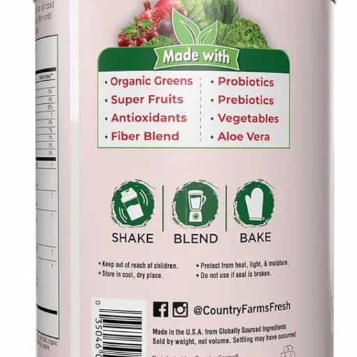 Country Farms Organic Super Greens Powder, Daily Greens Drink Mix with 50 Organic Superfoods, Fruits, Vegetables, Fiber, Mushrooms & Probiotics for Gut Health, Digestion & Energy, Berry Flavor