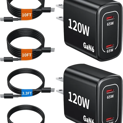 120W Fast Charger USB C - 2 Pack 65W PD Dual Port GaN Type C Charging Block | 3.3/3.3/10/10FT USB C Cable for MacBook Air Pro iPhone 17/16/15 Series Samsung Galaxy S25/S24/S23 Ultra Home Office Travel