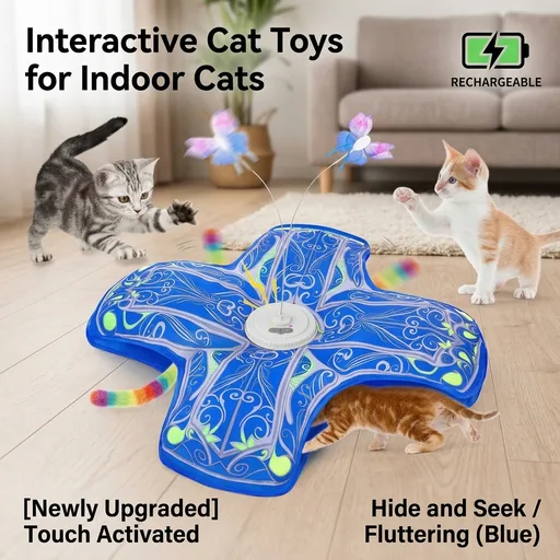 Interactive Cat Toys for Indoor Cats,[Newly Upgraded] Rechargeable Touch Activated Hide and Seek Kitten Toys for Bored Indoor Adult Cats with Fluttering (Blue)