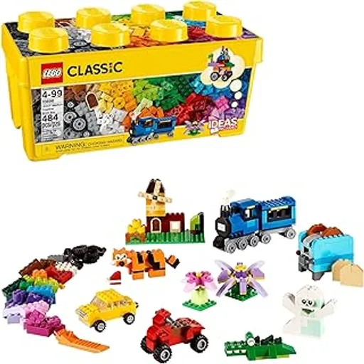 LEGOClassic Medium Creative Brick Box 10696 Building Toy Set - Featuring Storage, Includes Train, Car, and a Tiger Figure, and Playset for Kids, Boys, and Girls