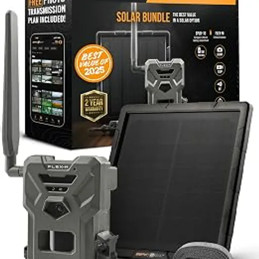 SPYPOINTFlex-M Solar Bundle - Cellular Trail Camera with Solar Panel, Best in Hunting Accessories, No WiFi Needed, GPS, Night Vision, Motion Activated, Dual-Sim