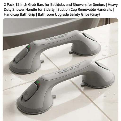 2 Pack 12 Inch Grab Bars for Bathtubs and Showers for Seniors, Heavy Duty Shower Handle for Elderly, Suction Cup Removable Handrails Handicap Bath Grip Bathroom Upgrade Safety Grips (Gray)