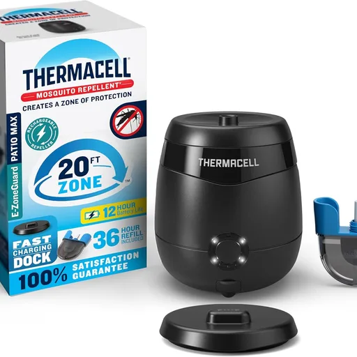 Thermacell E-ZoneGuard Patio Max Mosquito Repellent 12Hr Bat + Chrging Dock | 20-FT Zone; 36Hr Refill; Rechargeable; Fast Charging; Proven Outdoor Protection; Bug Spray Alternative; Scent Free; DEET-Free