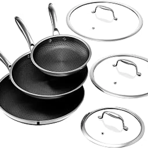 HexClad6pc Hybrid Nonstick Frying Pans Set with Lids, 8, 10 & 12" Pans | Stay-Cool Handles, Dishwasher and Oven Safe up to 900°F, Compatible with All Cooktops