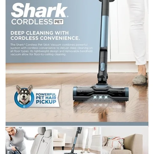 Shark Pet Cordless Stick Vacuum | XL Dust Cup, LED Headlights, Removable Handheld Vac, Crevice Tool | Portable Vacuum for Pet Hair | Carpet & Hard Floors | 40-Min Runtime | Ice Blue | IX141AMZ