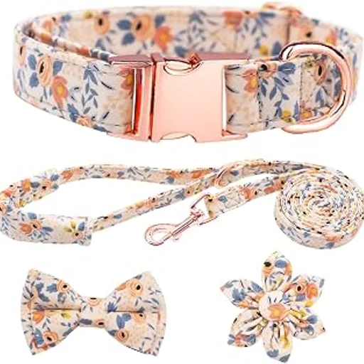 Dog Collar and Leash Set with Floral Bow Tie