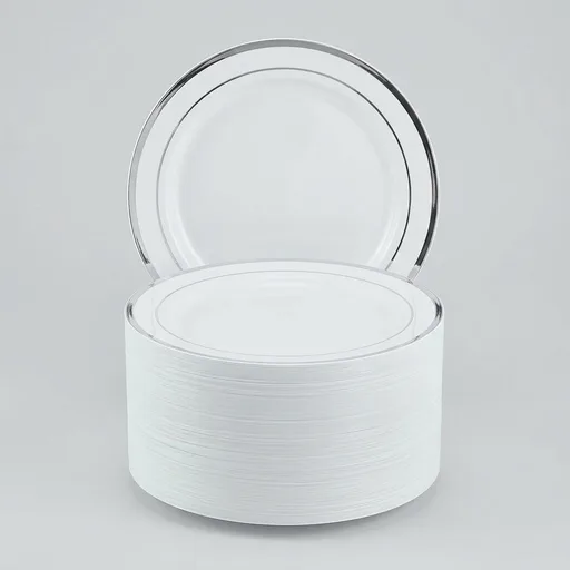 Vplus 100 Piece 10 Inch Silver Plastic Plates Disposable, Heavy Duty White Elegant Durable Dinner Plastic Party Plates with Silver Rim Perfect for Party Christmas
