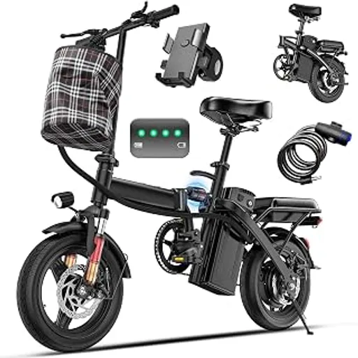 Electric Bike for Adults and Teens, 560W Motor 24MPH Compact Commuter Electric Bicycles, 32 Miles Range, 48V 10Ah Battery, 3 Shock Absorbers, 14" Foldable Ebike