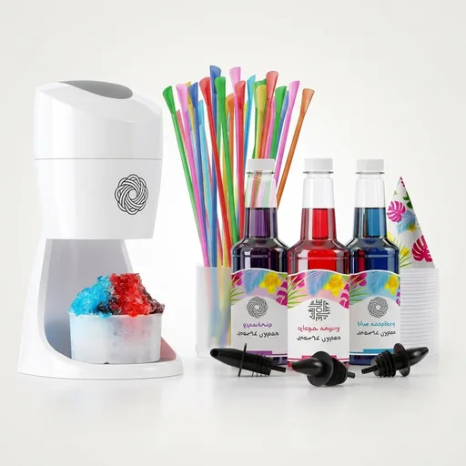 Hawaiian Shaved Ice Machine Kit - 3 Flavors, 25 Cups, Straws, Pourers, Ice Molds