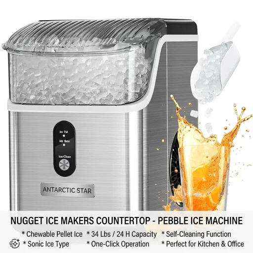 Antarctic Star Nugget Ice Makers Countertop, Pebble Ice Machine with Chewable Pellet Ice, 34Lbs/24H, Self-Cleaning, Sonic Ice, One-Click Operation, for Kitchen,Office Stainless Steel Silver