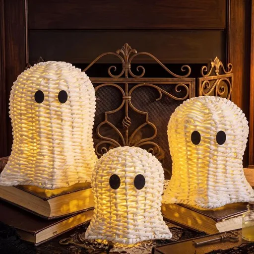 Geelin 3 Pcs Woven Ghost Decor with LED String Lights 3 Sizes Handmade Rattan Halloween Ghosts Warm White Lights for Fall Autumn Thanksgiving Table Mantel Party Home Office Decoration