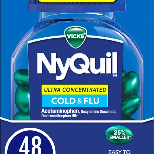 NyQuil Ultra Concentrated Cold and Flu Medicine, Nighttime, Relief for Cough, Sore Throat, Fever, Congestion, Easy to Swallow, Easy to Open Bottle, 48 LiquiCaps
