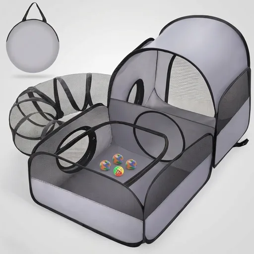 Portable Cat Playpen with Surround Tunnel, 2-Linked-Enclosed Areas, Ideal Cat Tent Outdoor or Cat Playpen for Indoor Cats Enclosed.Breathable Mesh Design for Indoor & Outdoor Use(Grey)