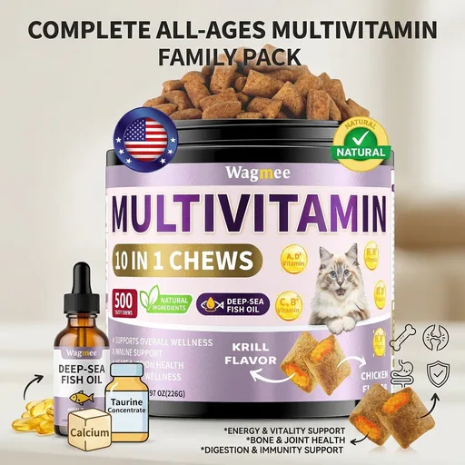 Taurine for Cats Vitamins Treats, 10 in 1 Cat Multivitamin with Fish Oil - 500 Crunchy & Creamy Chews Supports Energy, Bone, Joint, Skin & Coat Health, Digestion, Immunity for Cat All Breeds & Ages