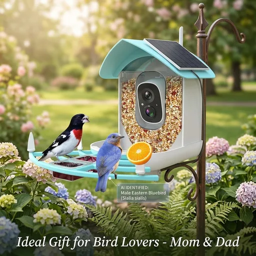 Bird Feeder with Camera, Auto Capture Wiress Bird Feeder Camera, AI Identify Bird Breed,FHD Waterproof Outdoor Bird Watching Camera,Solar-Powered, for Garden,Yard,Park,Ideal Gift for Mom and Dad,Blue