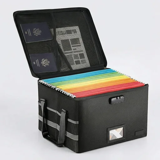 File Box with Lock, Fireproof Document File Organizer Box with Zipper & Adjustable Handle, Collapsible File Storage Box Home Office Safe Filing Cabinet for Hanging Letter/Legal Folder