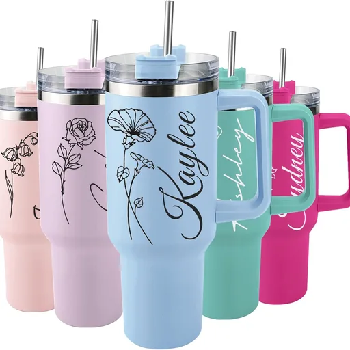 Elemtansy Personalized 40 Oz Tumbler with Handle and Straw, Custom Cup with Name & Birth Flower, Stainless Steel Travel Coffee Tumbler,Personalized Mothers Day Birthday Gifts for Women, Teen Girls