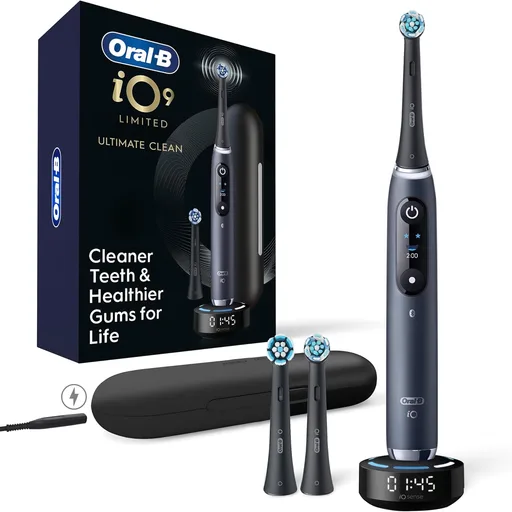 Oral-B Rechargeable Electric Toothbrush, iO9 Limited Ultimate Clean, 7 Cleaning Modes, Interactive Display, iSense Charger, Charging Travel Case, Visible Pressure Sensor, 3 Brush Heads, Black