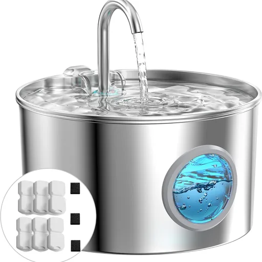 Cat Water Fountain Stainless Steel: Cat Fountain for Drinking with 6 Filters + 3 Sponges - 74oz/2.2L Pet Water Fountain for Cats Inside - Quiet Cats Water Bowl Dispenser - Kitten Drinking Fountains