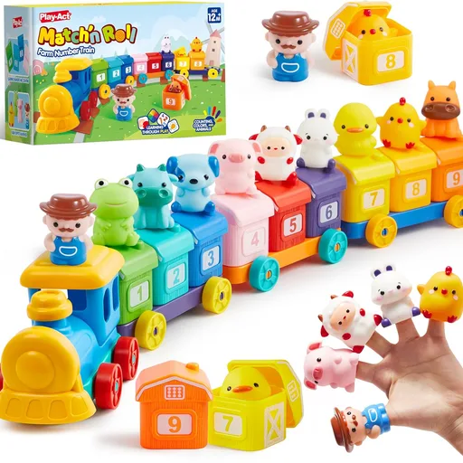 Play-Act Learning Toys for 1 2 3 Years Old, Counting, Matching & Sorting Montessori Learning Farm Train Including 9 Farm Animals, Birthday Gift for Baby Boys Girls
